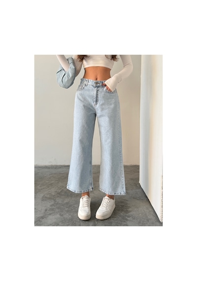Blue Marlın Buz Kar Yüksek Bel Bilek Boy Kot Bol Paça Jeans Buz Kar