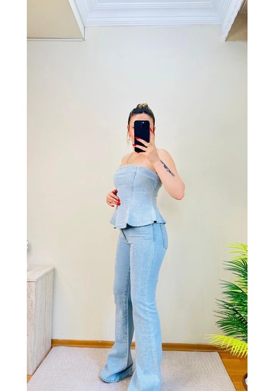 Elora Atelier Taşlı Peplum Straplez Denim İkili Takım Çok Renkli