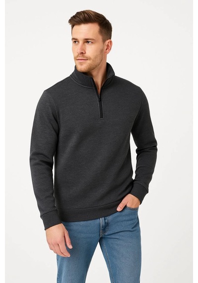 Novalisse Erkek Dik Yaka Yarım Fermuarlı 3 İplik Pamuklu Sweatshirt - Antrasit Çoklu Renk