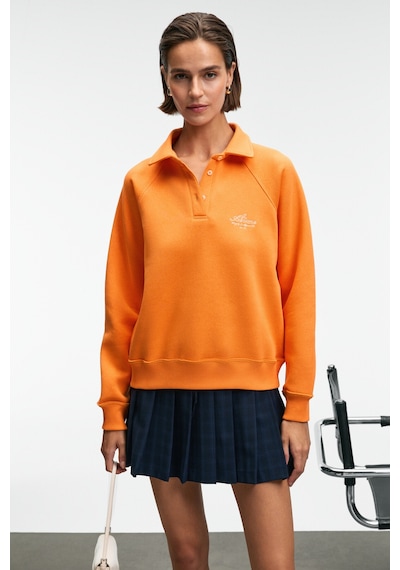 Grımelange CAMIREL Kadın Polo Yaka Düğmeli Nakış Detaylı Reglan Kol Comfort Fit Turuncu Sweatshirt