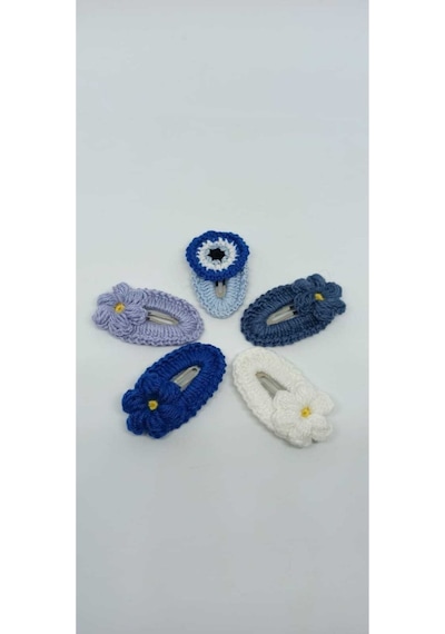 Amigurumi Örgü 5 Adet Çıtçıt Prenses Toka Seti Mavi Tonları Tek E Çok Renkli