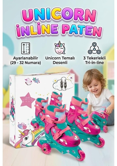 Unicorn Temalı 3 Tekerlekli Tri-inline Alıştırma Pateni - Ayarlanabilir Çocuk Pateni