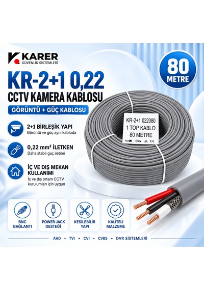 2+1 0,22 Cctv Güvenlik Kamera Kablosu 80 Metre Görüntü Ve Güç Birleşik Kablo