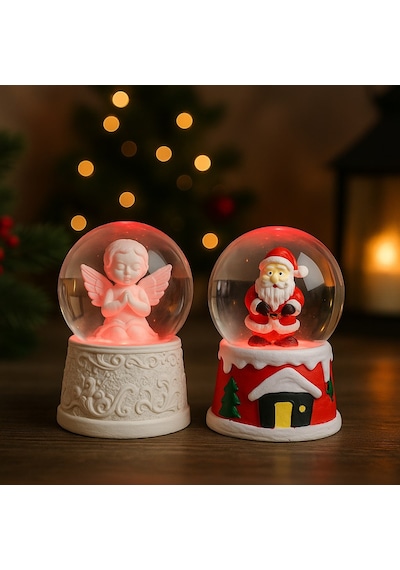 Ev Dekoru Yeni Yıl Huzuru Işıklı Santa Melek Figürlü Ve Noel Baba Temalı Kar Küresi 2'li Seti 6.5 Cm Çok Renkli