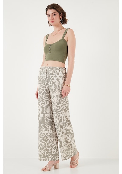 Lela Desenli Standart Fit Yüksek Bel Geniş Paça Bayan Pantolon 5869019 Olive