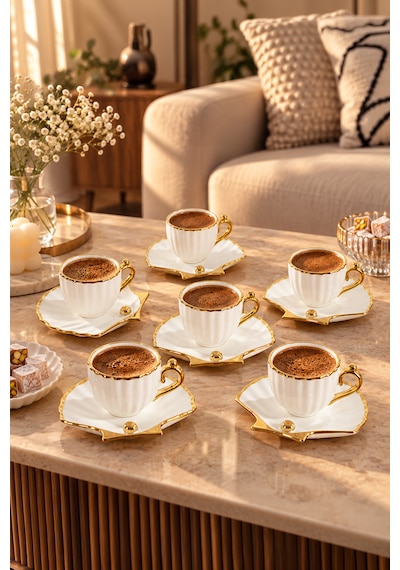 Porsima A-514 6 Kişilik Porselen Türk Kahvesi Fincan Takımı - Zümrüt Gold Yaldızlı Deniz Kabuğu / İstiridye Tasarım Fincan Seti Altın - Beyaz