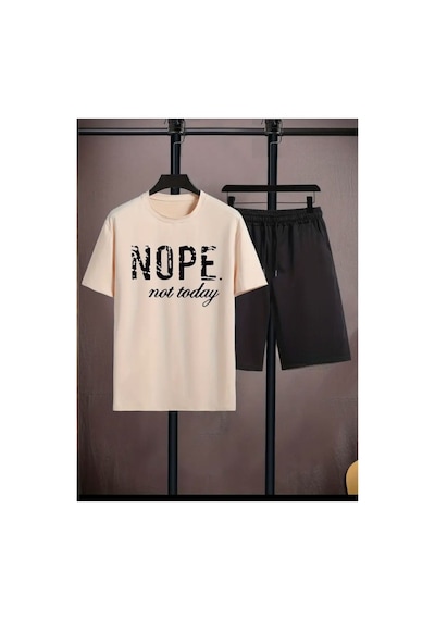 Medinenur Nope Baskılı T-shirt Short Bol Paça Rahat Kalıp Siyah Alt Siyah Üst Short Takım Bej