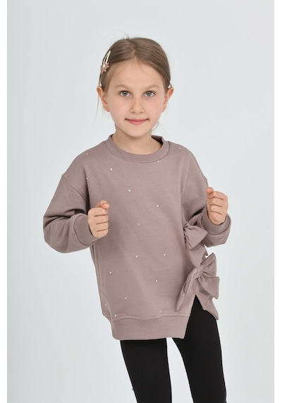 Toontoy Kız Çocuk Taşlı Fiyonklu Sweatshirt Koyu Kahverengi
