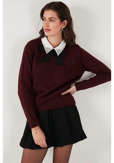 Lela Premium Regular Fit Gömlek Yaka Yumuşak Dokulu Fiyonk Detaylı Taşlı Bayan Kazak 680Kz00035 Bordo