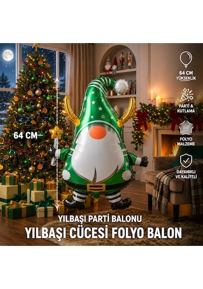 Vıp 2 Adet 64 Cm Kırmızı Yeşil Noel Cücesi Folyo Balon Yeşil Kırmızı Yılbaşı Cücesi Yılbaşı Balonu