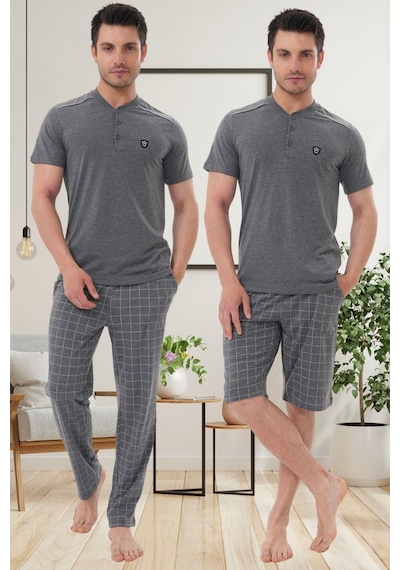 Mecit Pijama Mecit 2980 Füme Büyük Beden 3 Parça Erkek Şortlu Pijama Takımı Füme