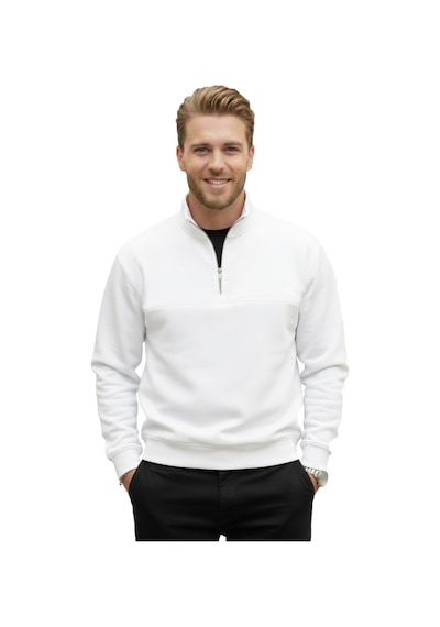 Deepsea Erkek Beyaz Relax Fit İçi Polarlı %100 Pamuk Yarım Fermuarlı Dik Yaka Sweatshirt 2600760 Beyaz