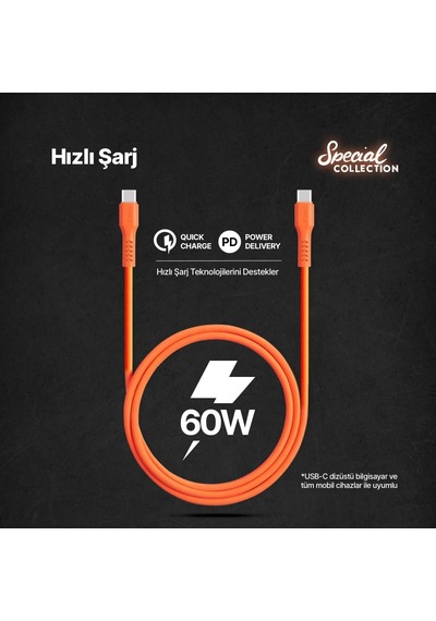 Usb-c - Usb-c 120cm 60w Pd/qc Hızlı Şarj/data Kablosu Neon 2dk59n Neon Turuncu