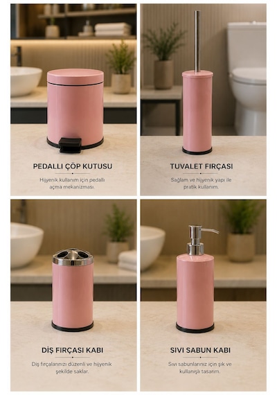 Maxiflow 4'lü Pembe Banyo Seti Pedallı Çöp Kovası Diş Fırçası Kabı Sabunluk Fırça