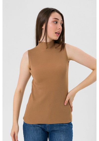 Miss Poem Kadın Boğazlı Balıkçı Yaka Kolsuz Basic Camel Triko Bluz Camel