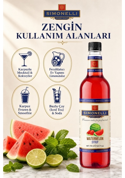 Simonelli Karpuz Watermelon Aromalı Kahve ve Kokteyl Şurubu 700 Ml + Şurup Pompası - Ferahlatıcı Soğuk Kahve Mocktail Frozen Smoothie ve Limonata Şurubu