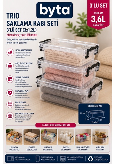 3'lü Kilitli Kapaklı Saklama Kabı Seti 3 X 1,2 L Şeffaf Çok Amaçlı Organizer Şeffaf