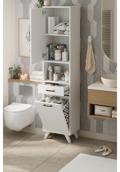 Bofigo Çok Amaçlı Dolap Banyo Dolabı Kirli Çamaşır Sepeti Dolabı Şelale Beyaz