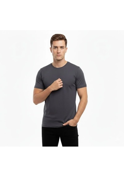 Suma Erkek T-shirt Bisiklet Yaka Slim Fit Dar Kesim Likralı Tişört Günlük Basic Body - Füme
