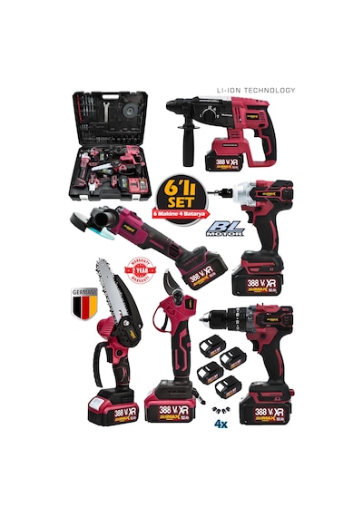 Stilmax STL6900 388VF Şarjlı 6'lı Makine Seti Matkap + Kırıcı Hilti + Taşlama + Somun Sökme + Dal Budama Makinesi
