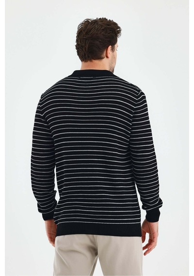 Cool Tarz Erkek Patlı Slim Fit Çizgi Detaylı Uzun Kollu Polo Yaka Triko Kazak Siyah Siyah
