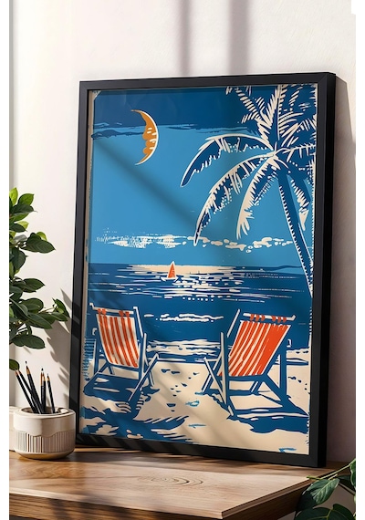 Tropikal Plaj Manzarası Çerçeveli Tablo - Pop Art Poster Tablo