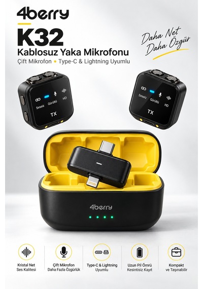 K32 Kablosuz Yaka Mikrofonu Çift Mikrofonlu, Şarj Kutulu, Type-c & Lightning Uyumlu