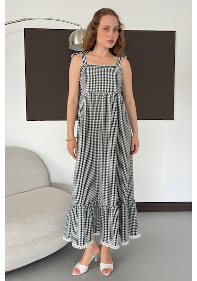 Verymoda Kadın Pötikare Desenli Askı Bağlama Detaylı Maxi Elbise D3108 Siyah