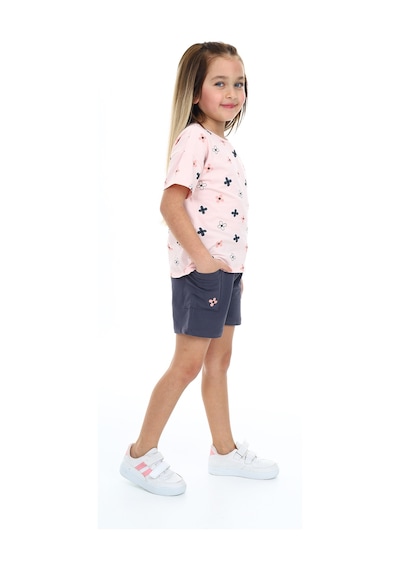 Toontoy Kids Toontoy Kız Çocuk Garni Komple Çiçek Baskılı Şortlu Takım Pudra