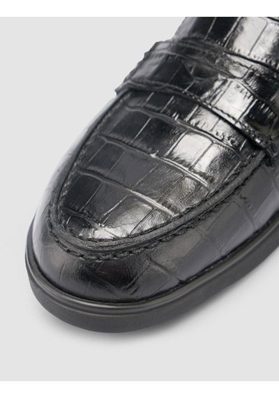 %100 Hakiki Deri Siyah Croco Desen Kadın Loafer Siyah