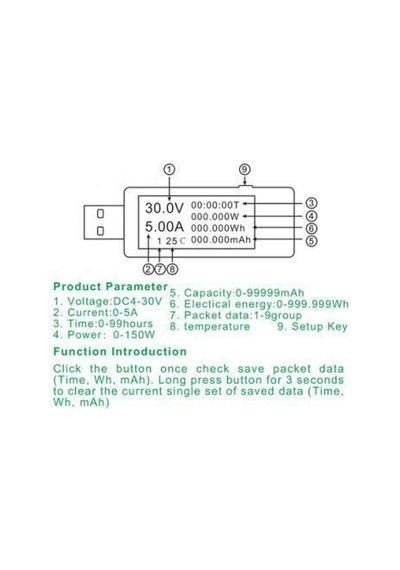 Hellery Usb Metre Gerilim Akım Pil Voltmetre Ampermetre, 3'ü 1 Arada Siyah