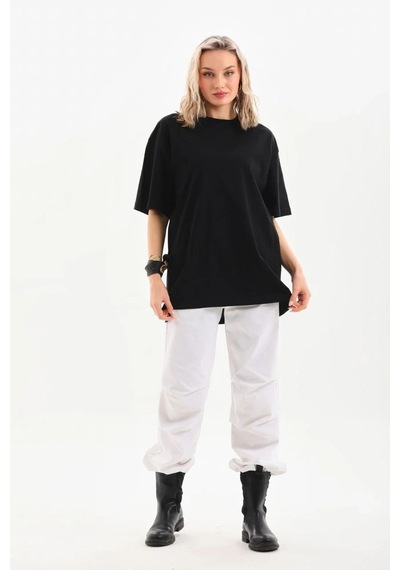 Kadın Düz Kısa Kol Penye T-shirt - Siyah Siyah