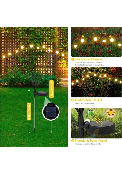 Ayrex 4'lü Paket 10 Led Güneş Ateşböceği Işıkları, Bahçe, Veranda, Avlu İçin Su Geçirmez Güneş Enerjisi D