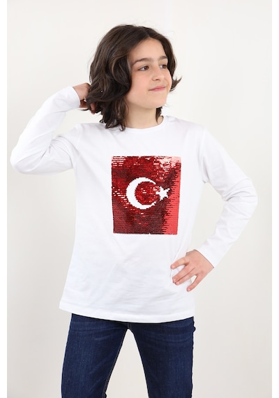 Toontoy Kids Toontoy Unisex Çocuk Atatürk Bayraklı Çift Taraflı Pullu Tişört Beyaz