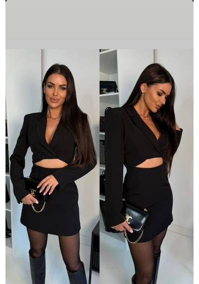 Tane Tasarım Kadın Crop Blazer Takım Siyah Siyah
