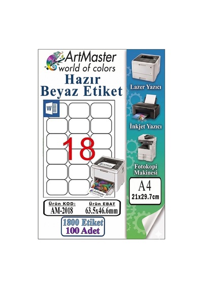 A4 Hazır Beyaz Etiket 63.5x46.6mm 100 Sayfa 1 Paket 18 Li Kendinden Yapışkanlı Fotokopi Lazer İnkjet Kağıdı Yazıcılarla