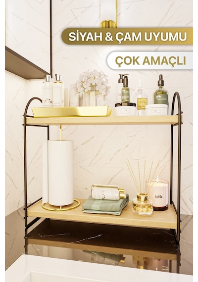 Bino Mutfak Rafı Masaüstü Düzenleyici Organizer Mutfak Banyo Dolabı 2 Katlı Raf Oval Raf Kitaplık. Siyah
