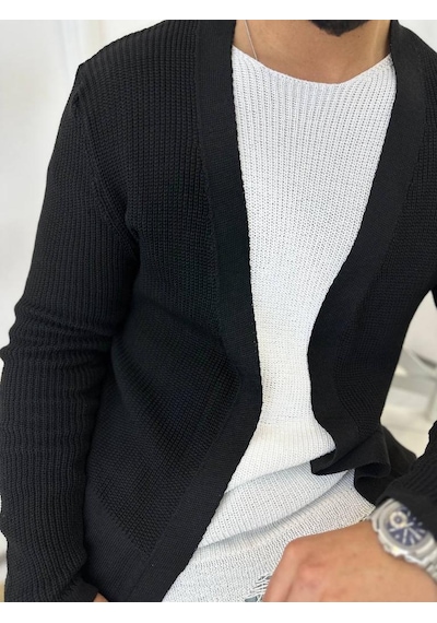Elku Moda Hırka Örgülü Şal Yaka Mevsimlik Tüylenmez Örgü Triko Hırka Siyah