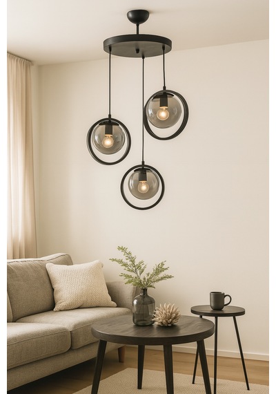 Nina Modern Salon - Mutfak - Yatak Odası Metal Halkalı Kapalı Camlı Üçlü Avize Füme Füme