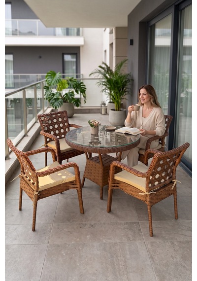 Eterna Serisi 1.sınıf 4 Adet Tekli Cappucino Rattan Krem Minder Bahçe Balkon Takımı