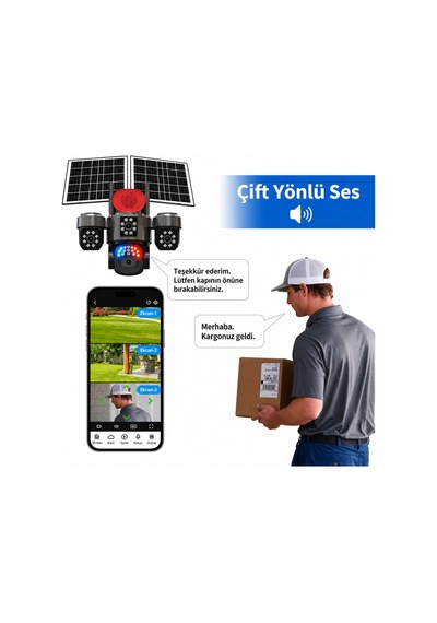 20mp 4 Kameralı 4g Solar Güvenlik Kamerası 360 Görüş, 12x Zoom, Gece Görüşü, Çift Solar Panel, Siren, Sesli Konuşma, Sım Kartlı, Aov Akıllı Kamera