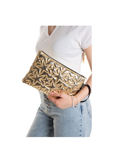 Adelina Bags 2'li Çanta Paketi Yıldız Desenli Portföy El Çantası Bilek Askılı Clutch Çanta Gri