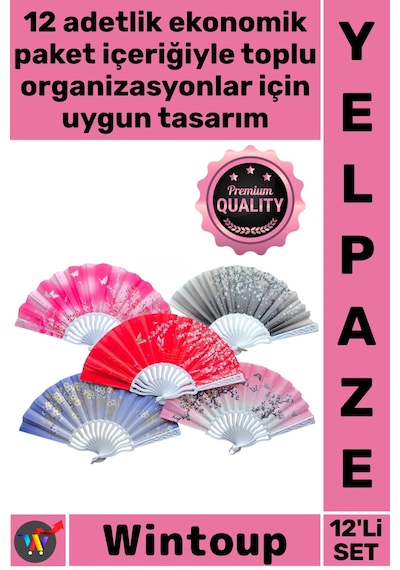 Yelpaze Kalite Katlanabilir El Tipi Kına Düğün Organizasyon Şık Plastik Kumaş Renkli Yelpaze 12'li
