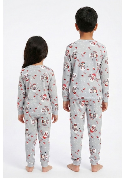 Zuzunga Unisex Yılbaşı Temalı Cute Kardan Adam Desenli Çocuk Pijama Takımı Gri