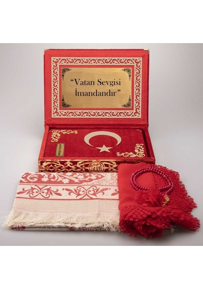 Şal+Seccade+Tesbih+AyYıldız Kuran Set (Orta, Kırmzı, Gold Pleksi)