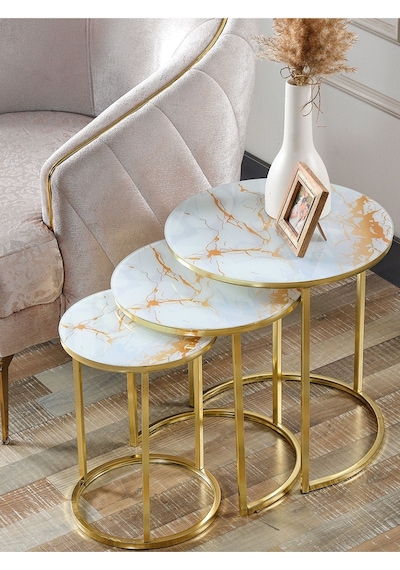 3' Lü Beyaz Sarı Mermer Gold Metal Sehpa 3' Lü Beyaz Sarı Mermer Gold Metal Sehpa