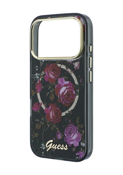 Apple iPhone 18 Pro Uyumlu Kılıf Guess Lisanslı M-safeli Gül Desenli Simli Yazı Logolu Kapak Siyah
