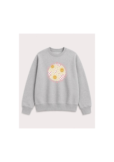 Herkesemoda Gülen Yüzler Emoji Baskılı 2 İplik Şardonlu Bisiklet Yaka Sweatshirt Gri