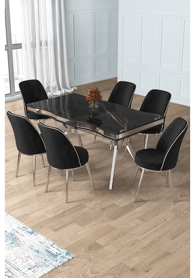 Canisa Prah Serisi 90x160 Lak Panel Sonata Krom Ayak Masa Takımı Ve 6 Siyah Sandalye Siyah Mermer Masa Siyah Sandalye Krom Detay
