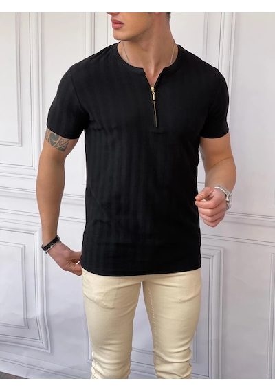 Modefendi Slim Fit Sıfır Yaka Fermuar Detaylı Triko Tshırt Siyah